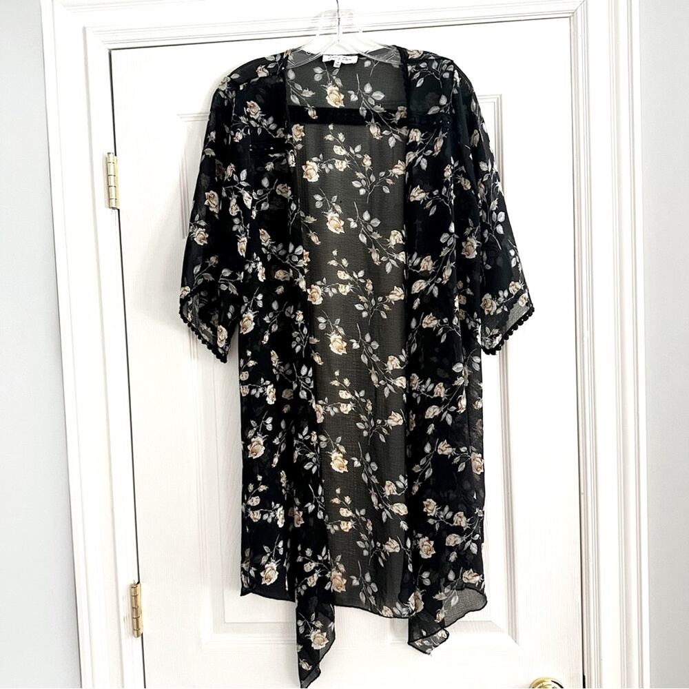Emory Park Kimono Swim Coverup Short Sleeve Lightweight Sheer Black Floral